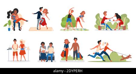 Couple people spend time together vector illustration set. Cartoon young happy man woman lover characters dance or have dinner on love date, hug and cook food, walk dog, shopping isolated on white Stock Vector