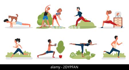 People doing sport yoga exercises in park, gym or at home vector illustration set. Cartoon active young man or woman characters do gymnastics, jogging running training stretching isolated on white Stock Vector