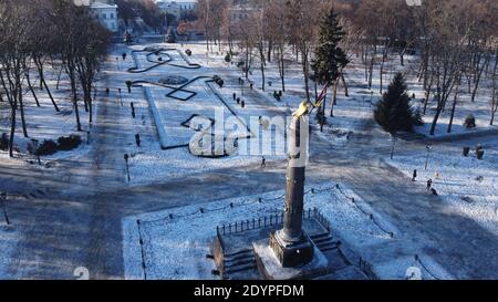 Aerial drone video fo glory statue of golden eagle in city centre of Poltava  Stock Photo