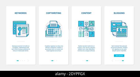 Digital marketing seo methods vector illustration. UX, UI onboarding mobile app page screen set with line keying, copywriting for business blogging content, keyword for commerce blogs technology Stock Vector
