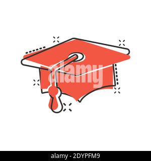 Graduation hat icon in comic style. Student cap cartoon vector illustration on white isolated background. University splash effect business concept. Stock Vector