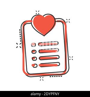 Wishlist icon in comic style. Like document cartoon vector illustration on white isolated background. Favorite list splash effect business concept. Stock Vector