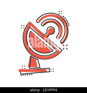 Satellite antenna tower icon in comic style. Broadcasting cartoon vector illustration on white isolated background. Radar splash effect business conce Stock Vector