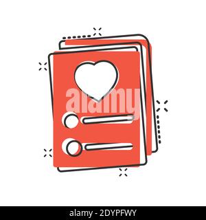 Wishlist icon in comic style. Like document cartoon vector illustration on white isolated background. Favorite list splash effect business concept. Stock Vector