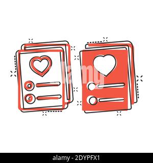 Wishlist icon in comic style. Like document cartoon vector illustration on white isolated background. Favorite list splash effect business concept. Stock Vector