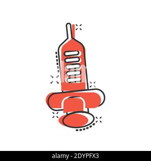 Syringe icon in comic style. Inject needle cartoon vector illustration on white isolated background. Drug dose splash effect business concept. Stock Vector