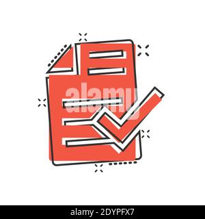 Approved document icon in comic style. Authorize cartoon vector illustration on white isolated background. Agreement check mark splash effect business Stock Vector