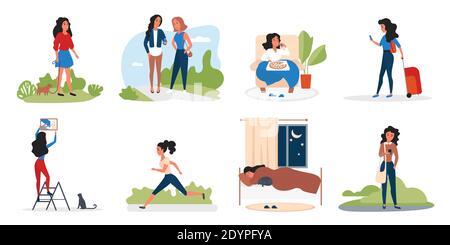 Girl in daily activity vector illustration set. Cartoon active young woman character eating pizza and sleeping, walking with friend, running in city park, traveling with suitcase isolated on white Stock Vector