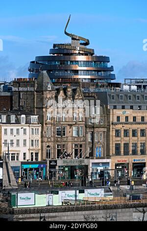 W Edinburgh Hotel in the St James Quarter rising above the Royal British Hotel and other properties on Princes Street, Edinburgh, Scotland, UK. Stock Photo