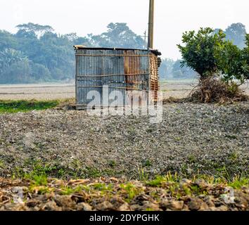 A small Tin House in an agricultural field made with broken cracked Tin Stock Photo