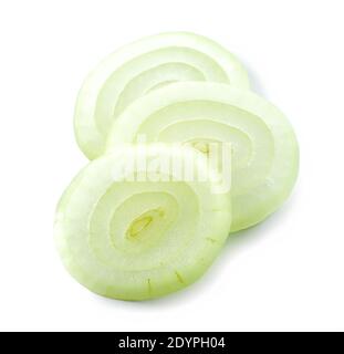 fresh raw peeled onion slices isolated on white background Stock Photo