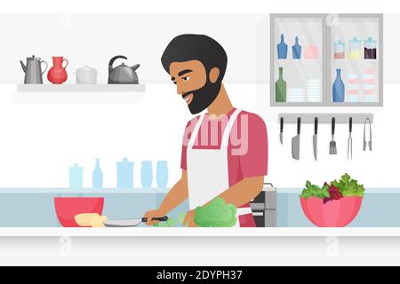 Man cooking food vector illustration. Cartoon young happy bearded male chef character in apron cooks vegetarian meal, cutting vegetables with knife in kitchen home room interior, culinary background Stock Vector