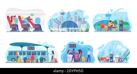 People travel by plane, bus vector illustration set. Cartoon family with child characters traveling by airlines, waiting for airplane arrival in airport, sitting on bus station bench isolated on white