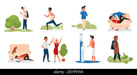 Man in daily activity vector illustration set. Cartoon active young male character shaving in bathroom, talking on phone and walking, celebrating, sport training jogging in city park isolated on white Stock Vector