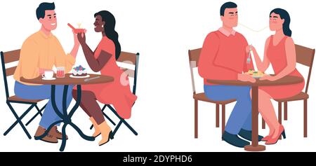 Couple during romantic dinner flat color vector detailed characters set Stock Vector