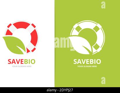 Vector lifebuoy and leaf logo combination. Unique lifeboat and organic logotype design template Stock Vector