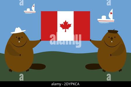 National Flag of Canada Day. Beavers Holding Canada Flag. Vector illustration. Stock Vector