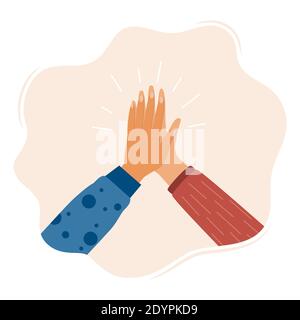 Two hands clapping in high five gesture. Multicultural people putting hands together. Teamwork, friendship, unity, help, equality, support, partnershi Stock Vector