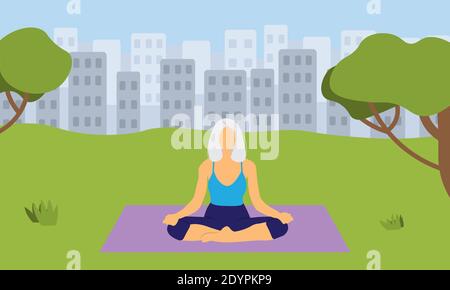 Elderly woman doing yoga in park Stock Vector