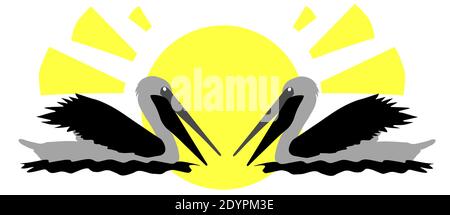 Two pelicans on the background of the sun, abstract eps10 vector illustration with copy space for your text. Save the wild animals. Stock Vector