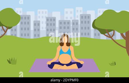 Pregnant woman doing yoga in park Stock Vector