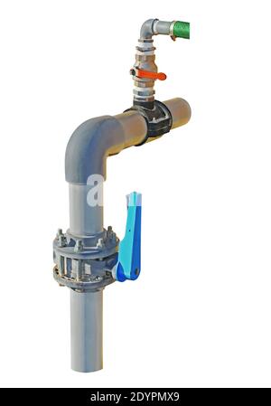 Pipe connections and shut-off valves for an agricultural irrigation system, isolated on a white background. Stock Photo