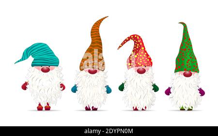 Collection of little gnomes on a white background. Christmas character. Dwarfs with beards and multi-colored hats. Stock Vector