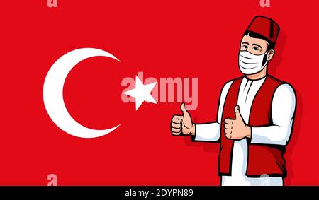 Turkish man in medical mask on Turkey flag background Stock Vector