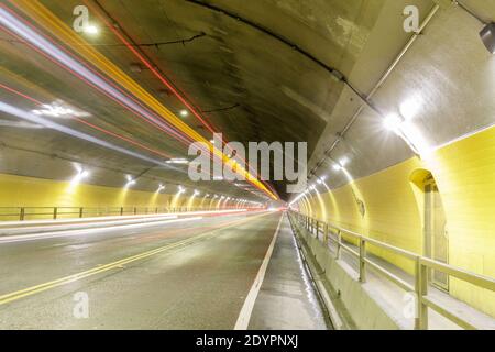 Car Light Trails over Stockton Street Tunnel, connecting Chinatown and Nob Hill. Stock Photo