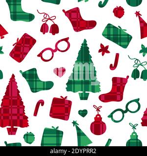 Merry Christmas and new year Checkered pattern seamless. Winter holiday surafce design. Red and green colors. Vector illustration shape silhouette Stock Vector