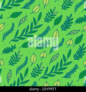 Hand drawn leaf seamless pattern. Green eco surface design. Vector textured background Stock Vector