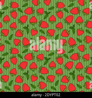 Berry Strawberry on green striped Seamless pattern texture. Red colors Vector handdrawn illustration Surface summer design background Stock Vector