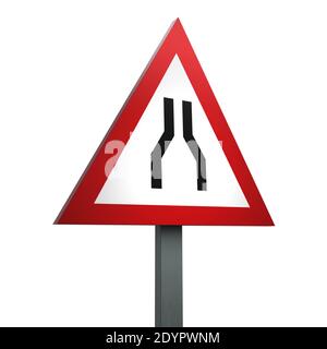 3D Render Road Sign of Road  narrows on both side Isolated on a White Backgro Stock Photo