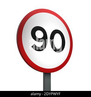 3D Render of Traffic Sign of 90 KM Over a White Background Stock Photo