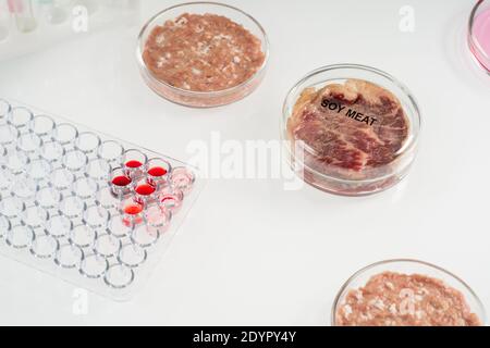 Covered petri dish containing piece of raw soy meat standing on table between other samples of animal origin in scientific laboratory Stock Photo