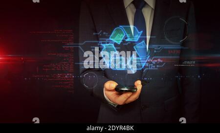 Recycling symbol, ecology, reuse icon, management, green technology and clean industry. Futuristic abstract concept 3d rendering illustration. Stock Photo