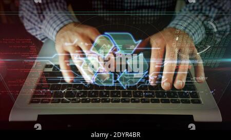 Recycling symbol, ecology, reuse icon, management, green technology and clean industry. Futuristic abstract concept 3d rendering illustration. Stock Photo
