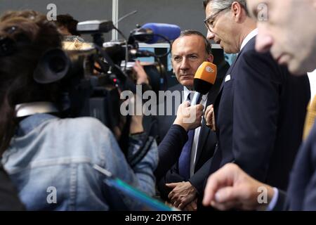Newly-elected French Employers' Union MEDEF President Pierre Gattaz during a joint press conference with The President of the Federation of German Industries (BDI), Ulrich Grillo, at the MEDEF headquarters, in Paris, France on July 5, 2013. Photo by Stephane Lemouton/ABACAPRESS.COM Stock Photo