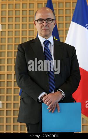 French Minister of Finance Pierre Moscovici attends a press conference on the 'Livret A' bank savings account, at the Finance Ministry headquarters in Paris, France on July 18, 2013. The interest rate of the Livret A will fall from 2.25% to 1.75% under an agreement between the government and the Banque de France. The new rate will apply from February 1. Photo by Stephane Lemouton/ABACAPRESS.COM Stock Photo