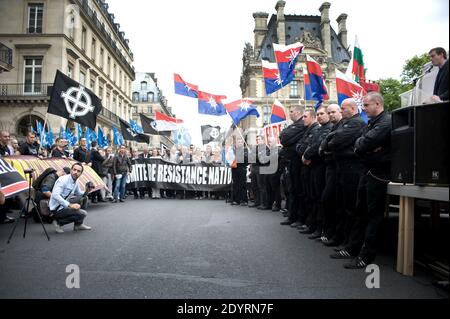 File picture dated May 2012 shows members of far-right association Oeuvre Francaise during a demonstration in Paris, France. Interior Minister Manuel Valls on July 24, 2013 announced the dissolution of the 1968-founded extremist small group Oeuvre Française and its paramilitary extension Jeunesses Nationalistes (Nationalist Youth). Photo by Nicolas Messyasz/ABACAPRESS.COM Stock Photo