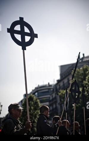File picture dated May 2012 shows members of far-right association Oeuvre Francaise during a demonstration in Paris, France. Interior Minister Manuel Valls on July 24, 2013 announced the dissolution of the 1968-founded extremist small group Oeuvre Française and its paramilitary extension Jeunesses Nationalistes (Nationalist Youth). Photo by Nicolas Messyasz/ABACAPRESS.COM Stock Photo