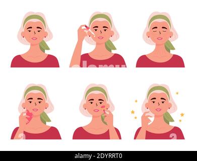 Anti-aging skin care method step by step. Stock Vector