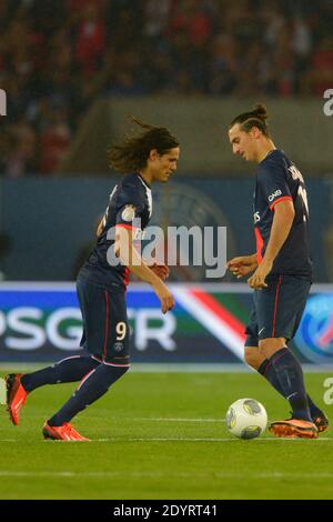 PSG's Edinson Cavani and Zlatan Ibrahimovic during the French First League soccer match, PSG vs Ajaccio in Paris, France, on August 18th, 2013. PSG and Ajaccio drew 1-1 Photo by Henri Szwarc/ABACAPRESS.COM Stock Photo