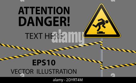 Caution, low-noticeable obstacle. Safety sign. Yellow triangle with black image on the pole and protecting ribbons. Gray background. Vector Stock Vector