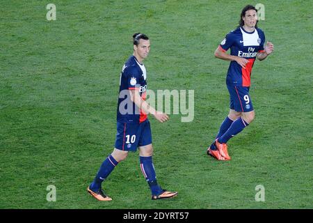 PSG's Zlatan Ibrahimovic and Edinson Cavani during the French First League soccer, PSG vs Ajaccio in Paris, France on August 18, 2013. Photo by Nicolas Briquet/ABACAPRESS.COM Stock Photo