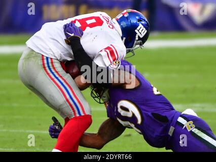 Baltimore, United States. 27th Dec, 2020. Baltimore Ravens linebacker Chris Board (R) sacks New York Giants quarterback Daniel Jones (8) for a 10-yard loss during the second half at M&T Bank Stadium in Baltimore, Maryland, on Sunday, December 27, 2020. Baltimore defeated New York 27-13. Photo by David Tulis/UPI Credit: UPI/Alamy Live News Stock Photo