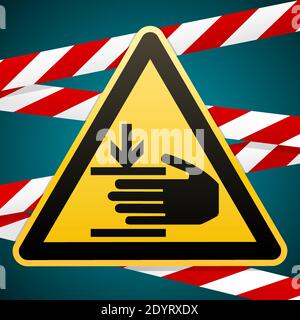 Safety sign.Caution, hands may be injured. Attention is dangerous. Yellow triangle with black image on the background of protective striped red-white Stock Vector