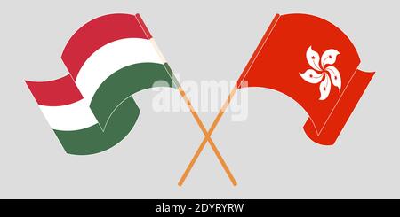 Crossed and waving flags of Hong Kong and Hungary. Vector illustration Stock Vector