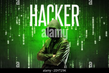 Faceless hacker with HACKER inscription, hacking concept Stock Photo