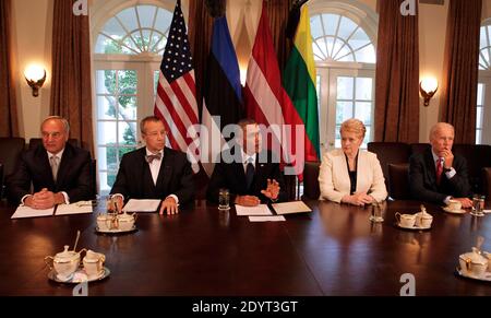 US President Barack Obama welcome President Toomas Hendrik Ilves of Estonia, President Dalia Grybauskaite of Lithuania, and President Andris Berzins of Latvia in the Cabinet Room of the White House for a joint meeting that will highlight the transformations the Baltic States have undergone since restoring their independence two decades ago.Photo by Aude Guerrucci/Pool/ABACAPRESS.COM Stock Photo